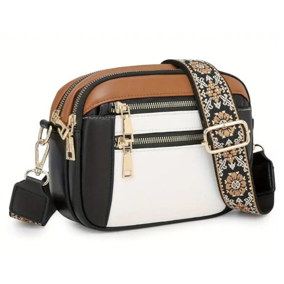Boho Tri-Color Block Women's Shoulder Bag Geometric Strap Crossbody Chic Purse - Picture 1 of 7